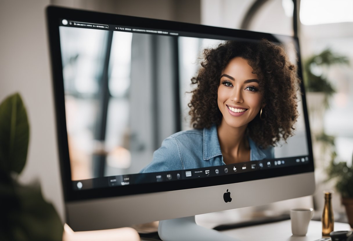 A computer screen with a live webcam feed of a nude model posing